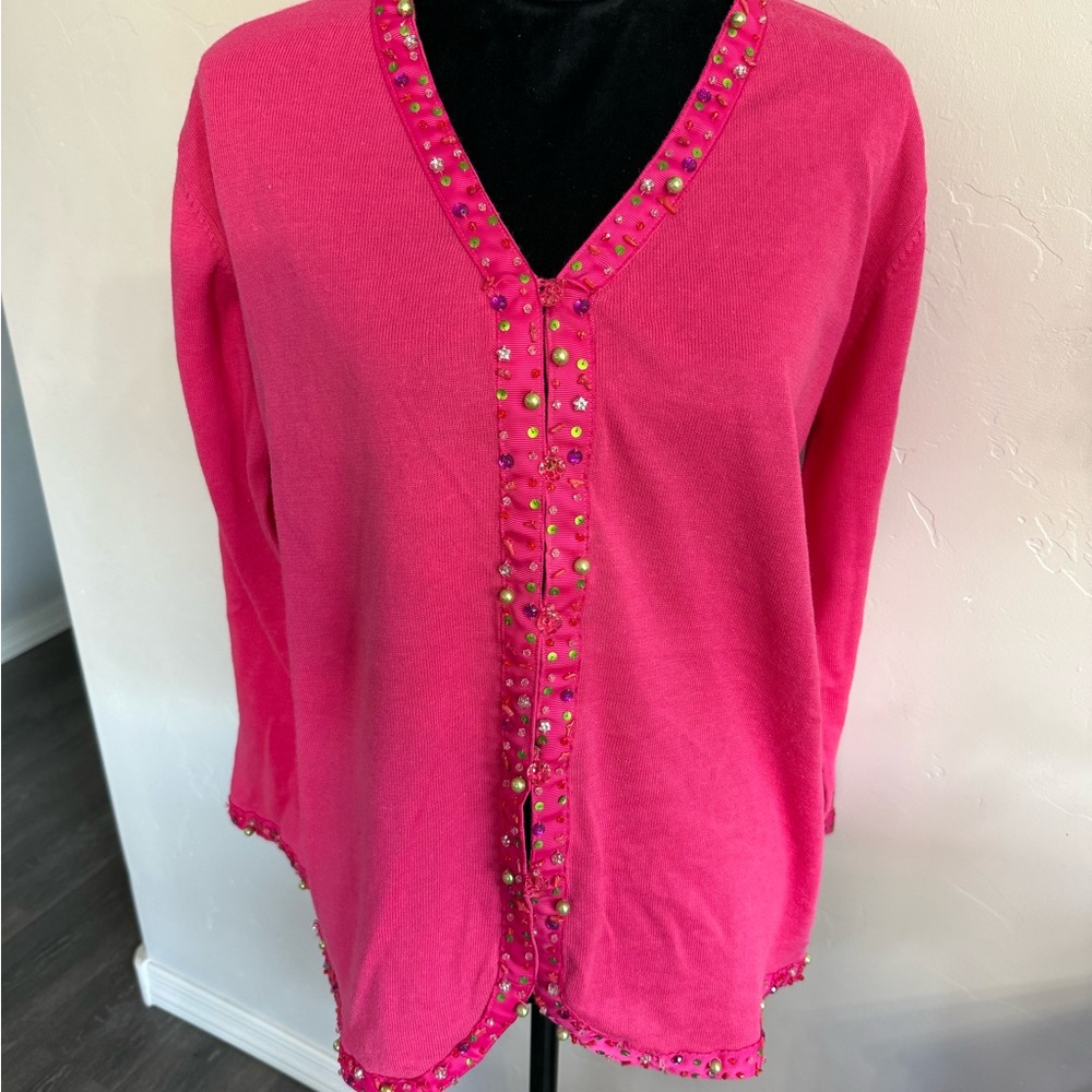 Storybook Knits Fuchsia Cardigan with Beaded Accents. Size L